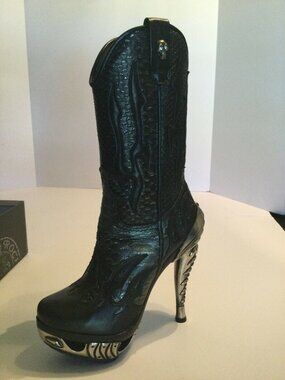 NEW ROCK LEATHER - Black Flame / Green Metallic Snakeskin Gothic Boots  Women